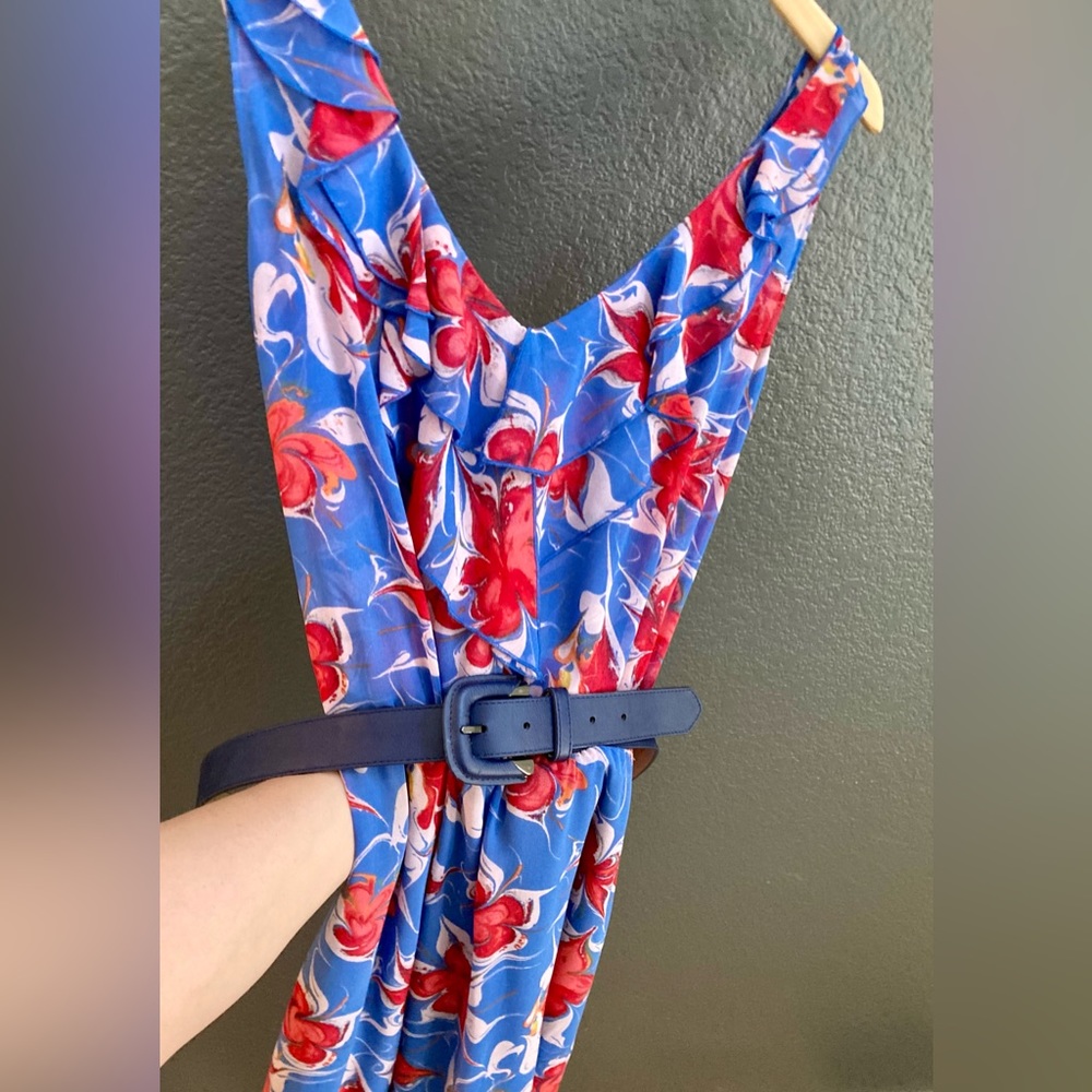 🌷RACHEL ROY EUC floral print XL dress, asymmetric hemline w/ leather belt